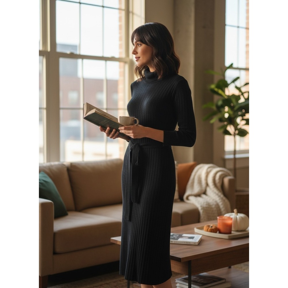 Worthington Black Ribbed Knit Turtleneck Fitted Sheat Belted Midi Dress -XS